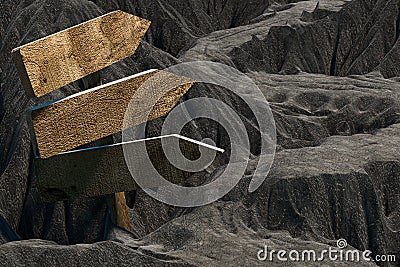 Empty wooden guide board and mountain road, 3d rendering Stock Photo