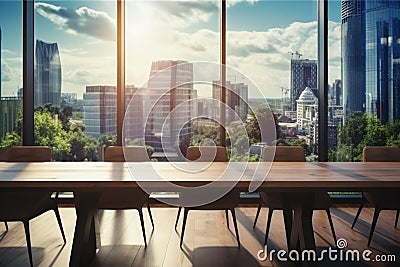 empty wooden meeting table on the background of a modern office with glass partitions, city with skyscrapers Stock Photo