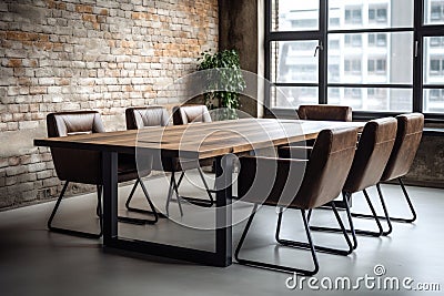 empty wooden meeting table on the background of a modern office in loft style Stock Photo