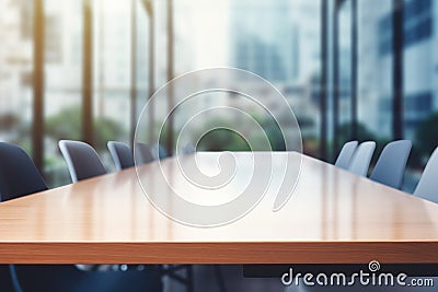 Empty wooden meeting table. Blurred modern office in the background Stock Photo