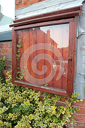 Empty wooden notice board with foliage growing inside Stock Photo