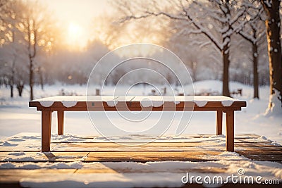 Empty wooden snow covered table on winter park. ai generative Stock Photo