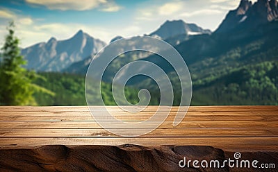 Empty wooden table on the background of beautiful mountains and landscape.Ready for product display montages.Generative AI Stock Photo