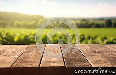 Empty wooden table on the background of farm fields with harvest. Ready for product display montages.Generative AI Stock Photo