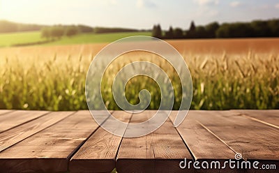 Empty wooden table on the background of a field with wheat.Ready for product display montages.Generative AI Stock Photo