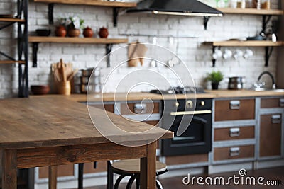 Empty wooden table in kitchen. Interior design Stock Photo