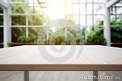 Empty wooden table and blurred greenhouse background Stock Photo