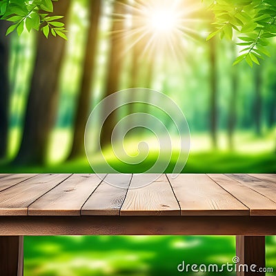 Empty wooden table, blurred summer forest background with copy space Stock Photo