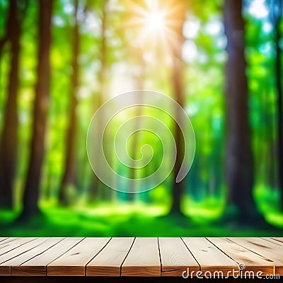 Empty wooden table, blurred summer forest background with copy space Stock Photo