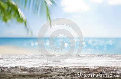 Empty wooden table on blurred tropical sea and sky background Stock Photo