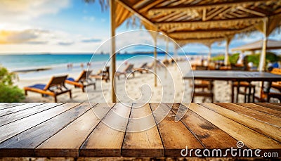 Empty wooden table with blurry beach restaurant background . ai generated Stock Photo