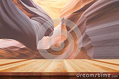 Empty wooden table and canyon Stock Photo