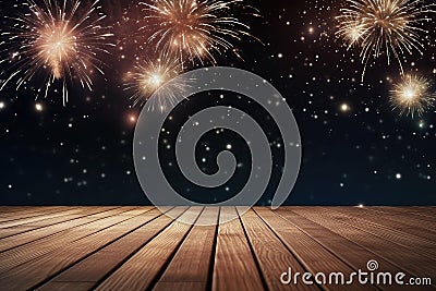 Empty wooden table in front of fireworks background. Product display montage Generative AI Stock Photo