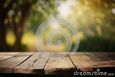 Empty wooden table in front for product display with blurred garden background. Ai generative Stock Photo