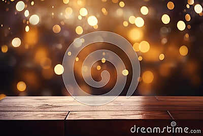 Empty wooden table platform and blurred background bokeh of at bar restaurant at night Stock Photo