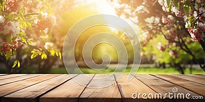 Empty wooden table in spring garden blurred background, Free space for product display. Generative Ai Stock Photo