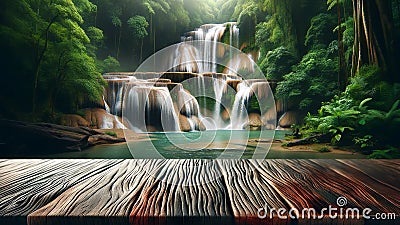 empty wooden table top foregrounds jungle landscape, complete with waterfall Stock Photo