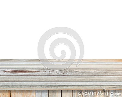 Empty wooden table top isolated on white background for product display montages Stock Photo