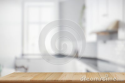 Empty wooden table top and kitchen background Stock Photo