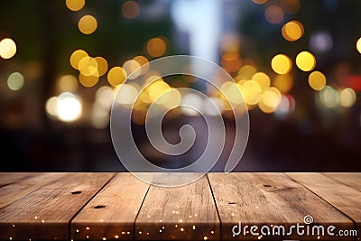 Empty wooden table top with lights bokeh on blury background, neural network generated image Stock Photo