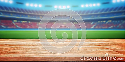 Empty wooden table top product display showcase stage with large sports stadium background. Generative ai Stock Photo