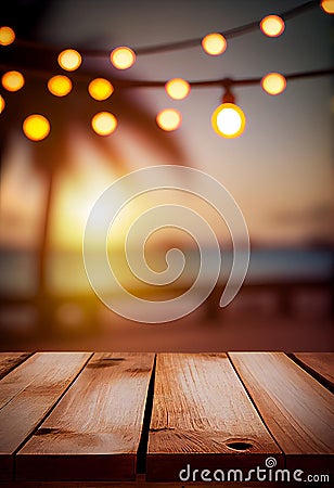Empty wooden table top product display showcase stage. Tropical summer sunset beach bar background. Generative ai Stock Photo