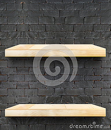 Empty Wooden Table top and shelf at black bricks wall,Template m Stock Photo