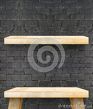 Empty Wooden Table top and shelf at black bricks wall,Template m Stock Photo