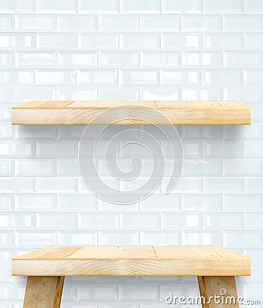 Empty Wooden Table top and shelf at white tile ceramic wall,Temp Stock Photo