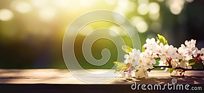 Empty wooden table top, texture board, on a blurred background of an orchard, trees in blurred bokeh Cartoon Illustration