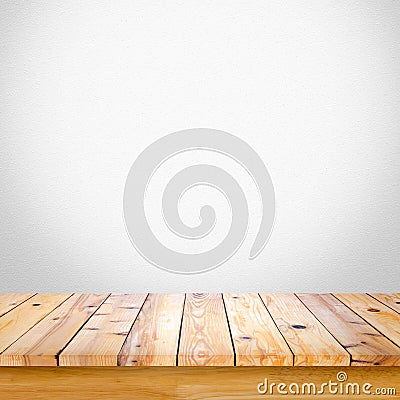 Empty wooden table with white gray gradient wall background. Stock Photo