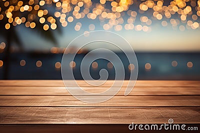 Empty Wooden Tabletop with Lights on Blurred Beach and Sea Background Stock Photo