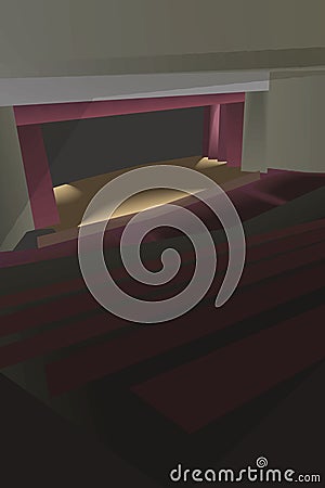 Empty wooden theater scene with a red curtain illuminated by bright soffits view from the upper left corner of a dark auditorium i Vector Illustration
