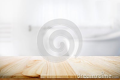 Empty wooden top table with blurred bathroom background Stock Photo