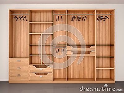 Empty wooden wardrobe closet. Cartoon Illustration