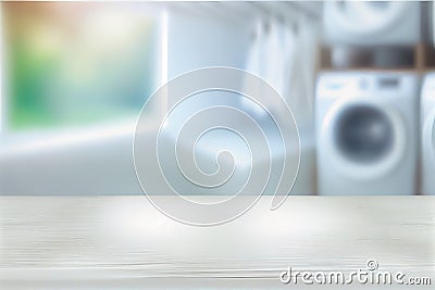 Empty white board over blurred laundry room washing machine background, AI Generated Stock Photo