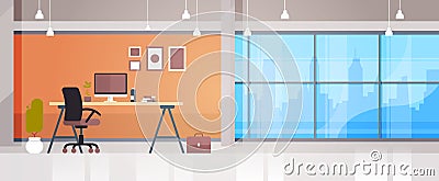 Empty Workplace Office Desk With Desktop Computer Workspace Interior Concept Vector Illustration