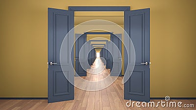 Empty yellow and blue architectural interior with infinite open doors, endless corridor of doorway, walkaway, labyrinth. Move Stock Photo