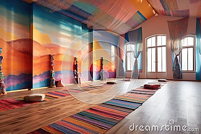 empty yoga studio with colorful tapestries on walls Stock Photo