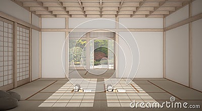 Empty yoga studio interior design, open space with mats, pillows and accessories, tatami, futon, wooden roof, window with zen Stock Photo