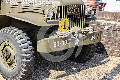 The front of a world war two American jeep, a vintage wartime vehicle Editorial Stock Photo