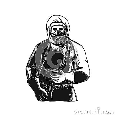 EMT Wearing Hazmat Suit Scratchboard Cartoon Illustration