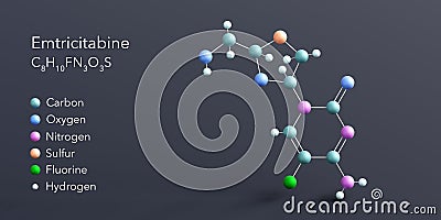emtricitabine molecule 3d rendering, flat molecular structure with chemical formula and atoms color coding Stock Photo