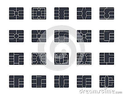 EMV chip black solid vector icons. Editable stroke. Contactless payment at terminals and ATMs. Set nfc symbol. Square computer Vector Illustration