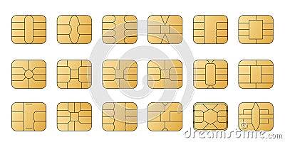 EMV chip golden vector icons. Contactless payment at terminals and ATMs. Set line nfc symbol. Square computer microchips Vector Illustration