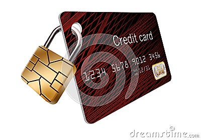 EMV chip that looks like a padlock is locked to a credit card Stock Photo