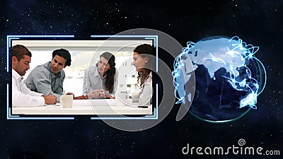 En video dyker upp från jorden och showaffärsfolket som skakar händer med jordbildartighet av lager videofilmer En video dyker upp från jorden och showaffärsfolket som skakar händer med jordbildartighet av lager videofilmer