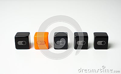 The enabled switch button among disabled ones. Permission settings. Options management. Turn on only one switch, turn off the rest Stock Photo