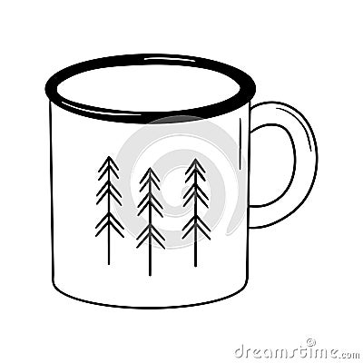 Enamel metal white and black mug with trees isolated on white background. Camping cup doodle. Vector Illustration