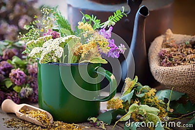 Enameled mug of summer healing herbs, old tea kettle and medicinal plants. Stock Photo